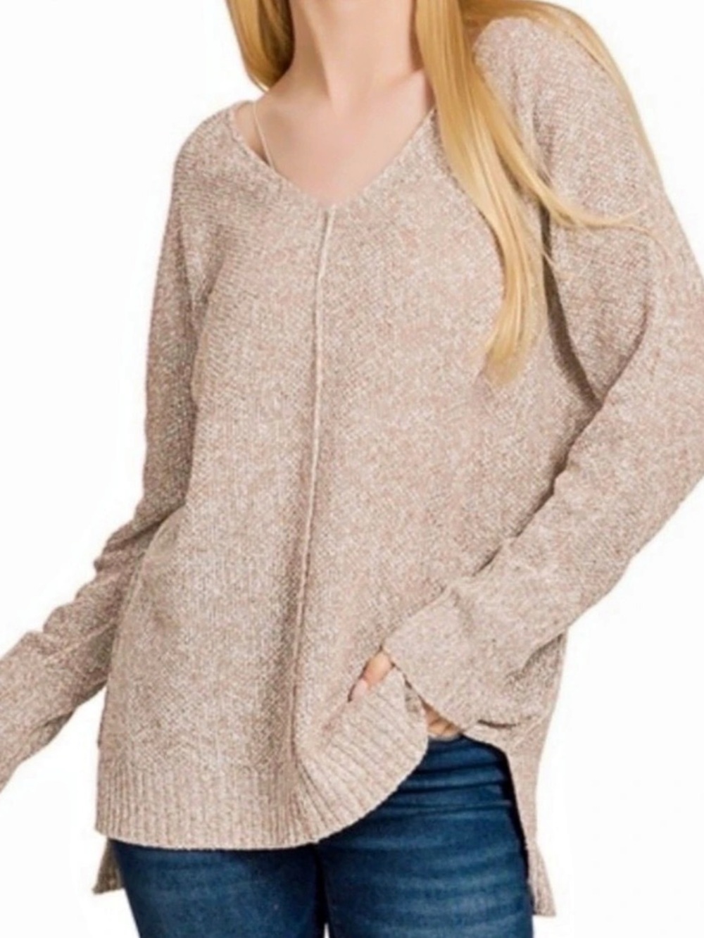 Zenana Slouchy Tunic V-Neck Sweater Brown